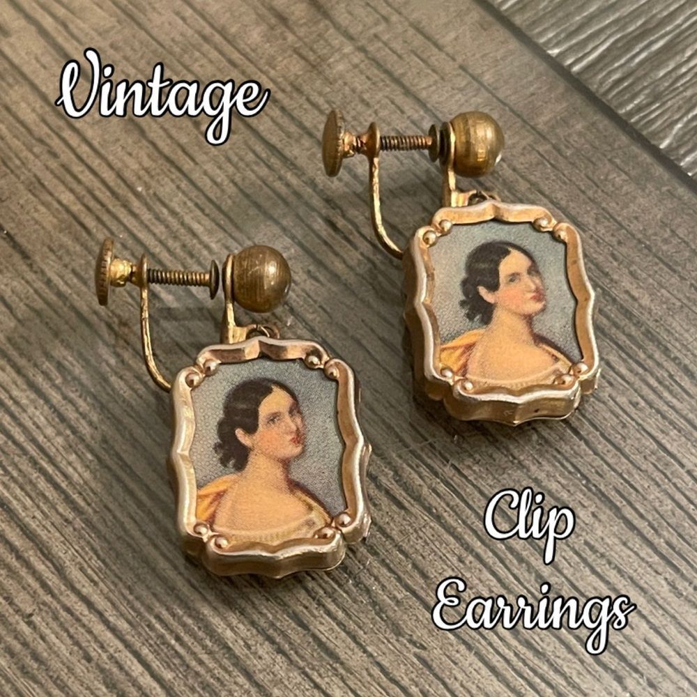 Vintage Miniature Portrait Dangle Clip - Screw Back Earrings Tiny Picture Frames